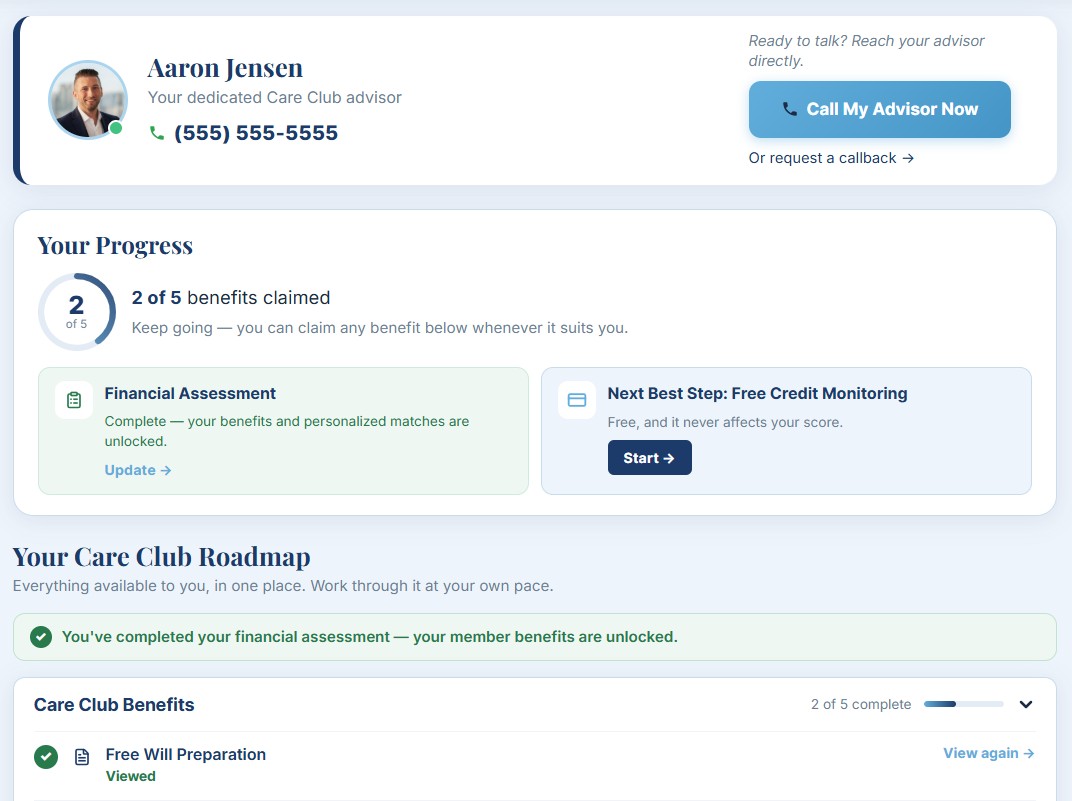The Care Club dashboard showing your dedicated advisor, progress ring, and personalized assessment results.